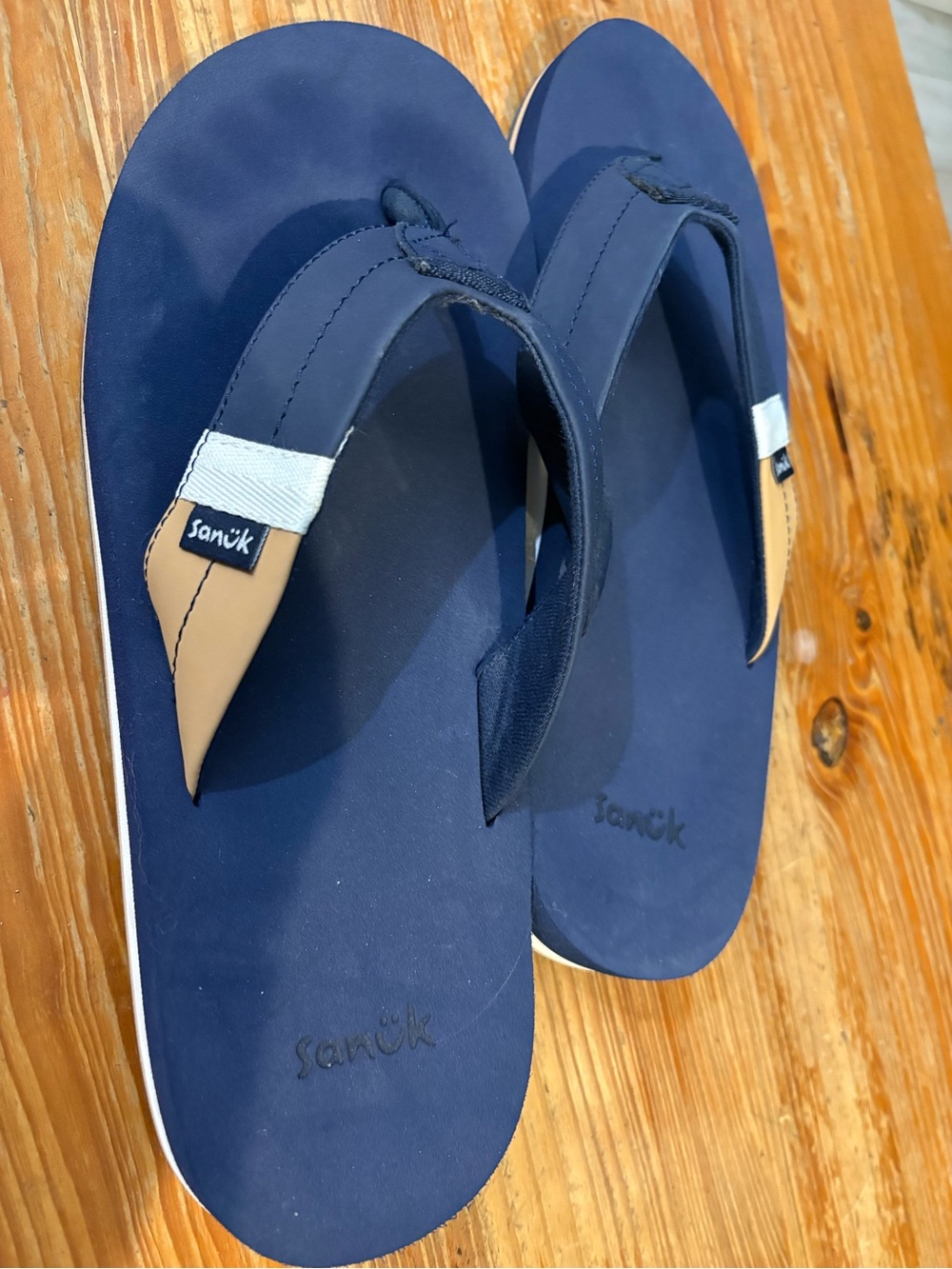 Sanuk Sawyer Navy Blue and Tan Men's Flip-Flops
